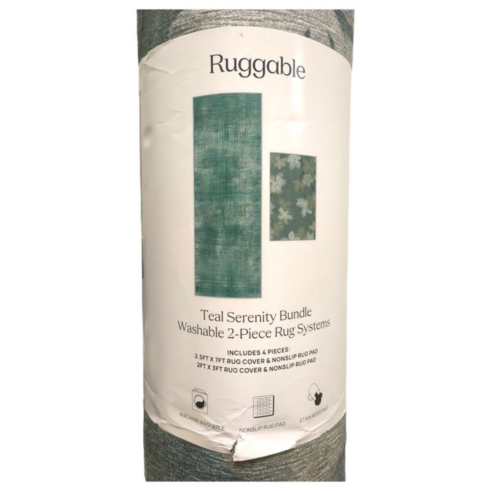 Teal Serenity - Ruggable 4pc Washable Rug System Set, 2.5ftx7ft & 2ftx3ft, with